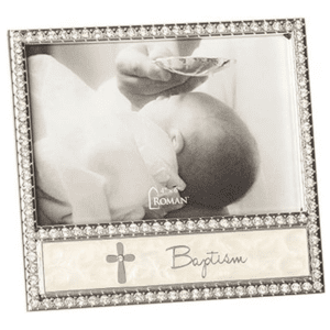 regalo madrina de bautizo Marco de fotos de aleación de zinc con borde de acento de tono de joya de cruz redonda de bautismo
