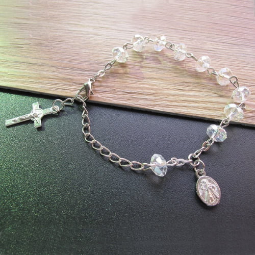 12 pulseras de rosario de cristal recuerdo de bautizo niñas