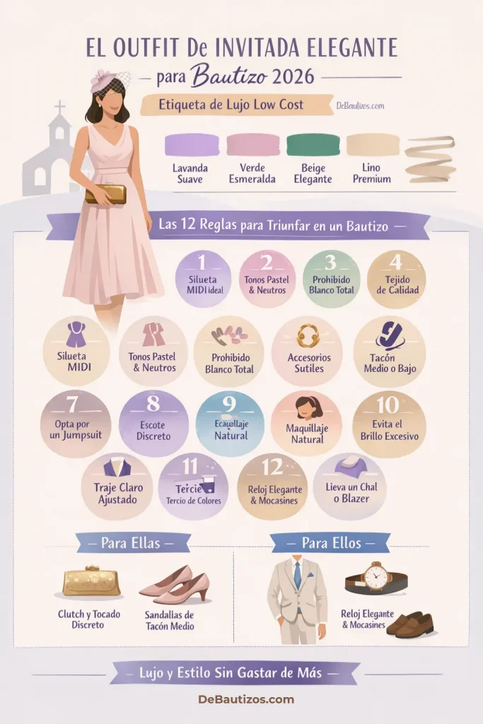 Infografía El outfit de Invitada Elegante para Bautizo 2026